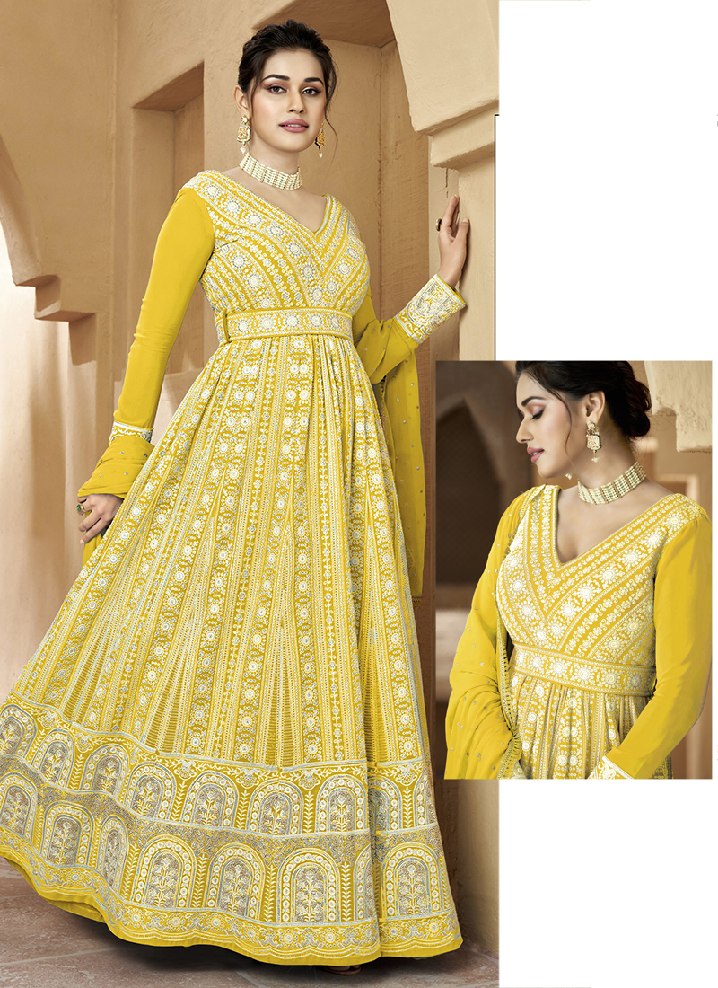 Buy Yellow Chinnon Party Wear Embroidery Work Gown With Dupatta Online From  Wholesale Salwar.