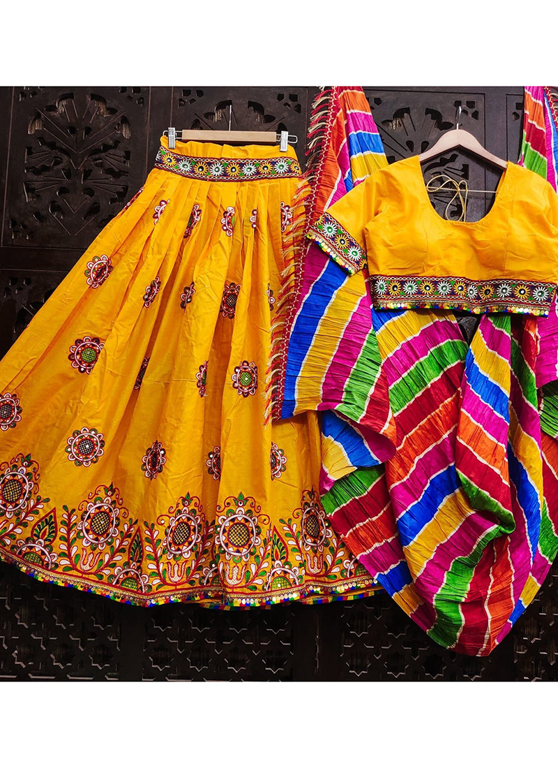 Buy Navratri Wear Yellow Mirror Work Cotton Ready To Wear Lehenga Choli Online From Surat 8764