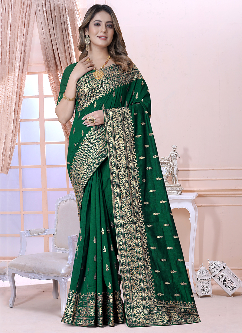 Buy Bottle Green Border Work Soft Silk Saree Online