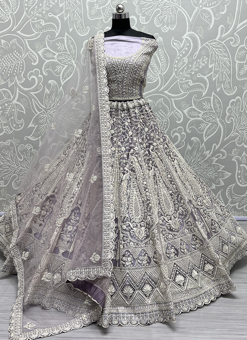 Multi Grey Paisley Motifs Embroidered Wedding Lehenga Choli