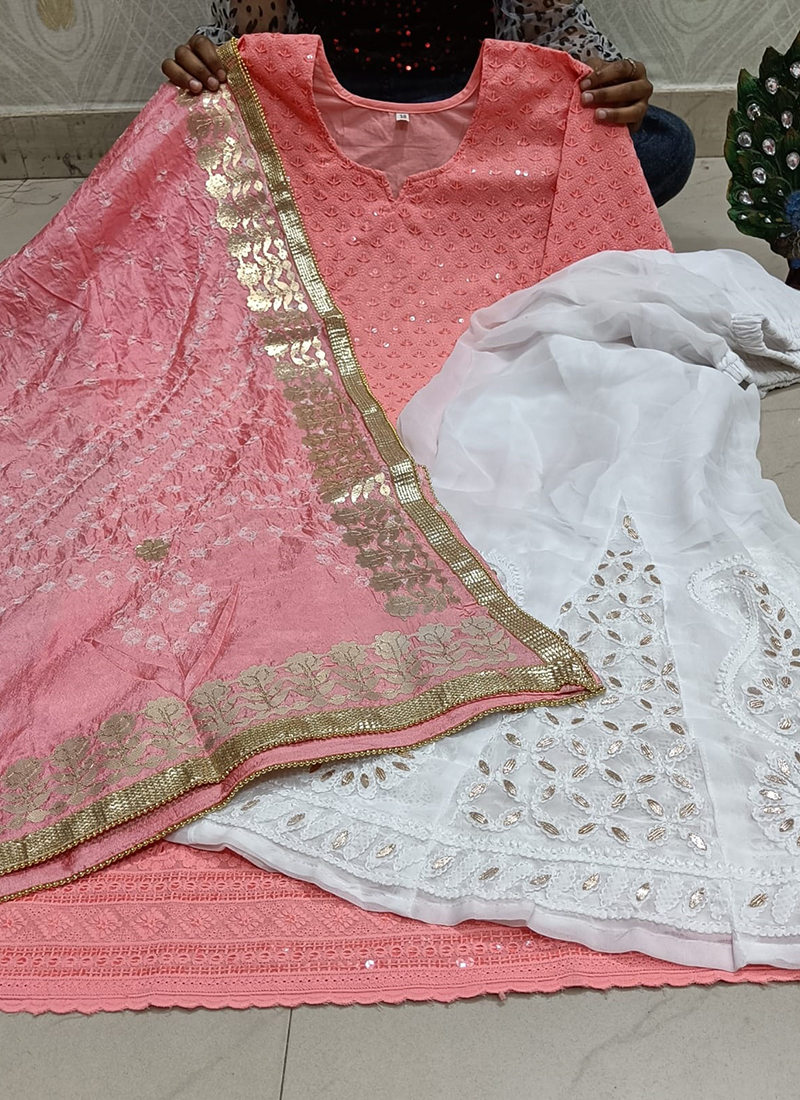 Beatuiful White Color cotton Suit With Heavy Peach Piping Phulkari Dupatta main image 1
