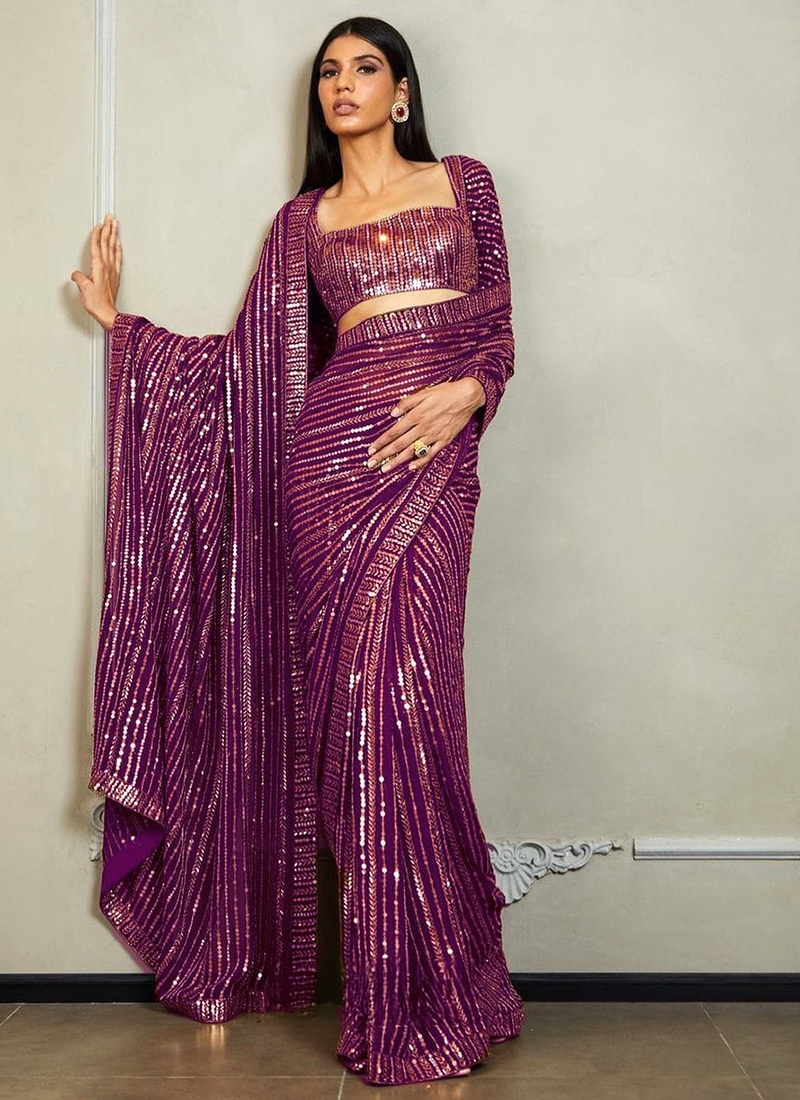 Buy Bollywood Sabyasachi Inspired wine color georgette sequin saree in UK,  USA and Canada