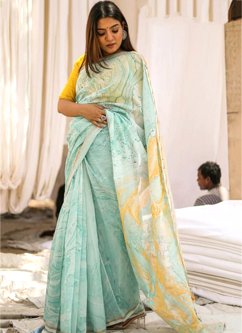 Floral Printed Linen Saree | trendwati
