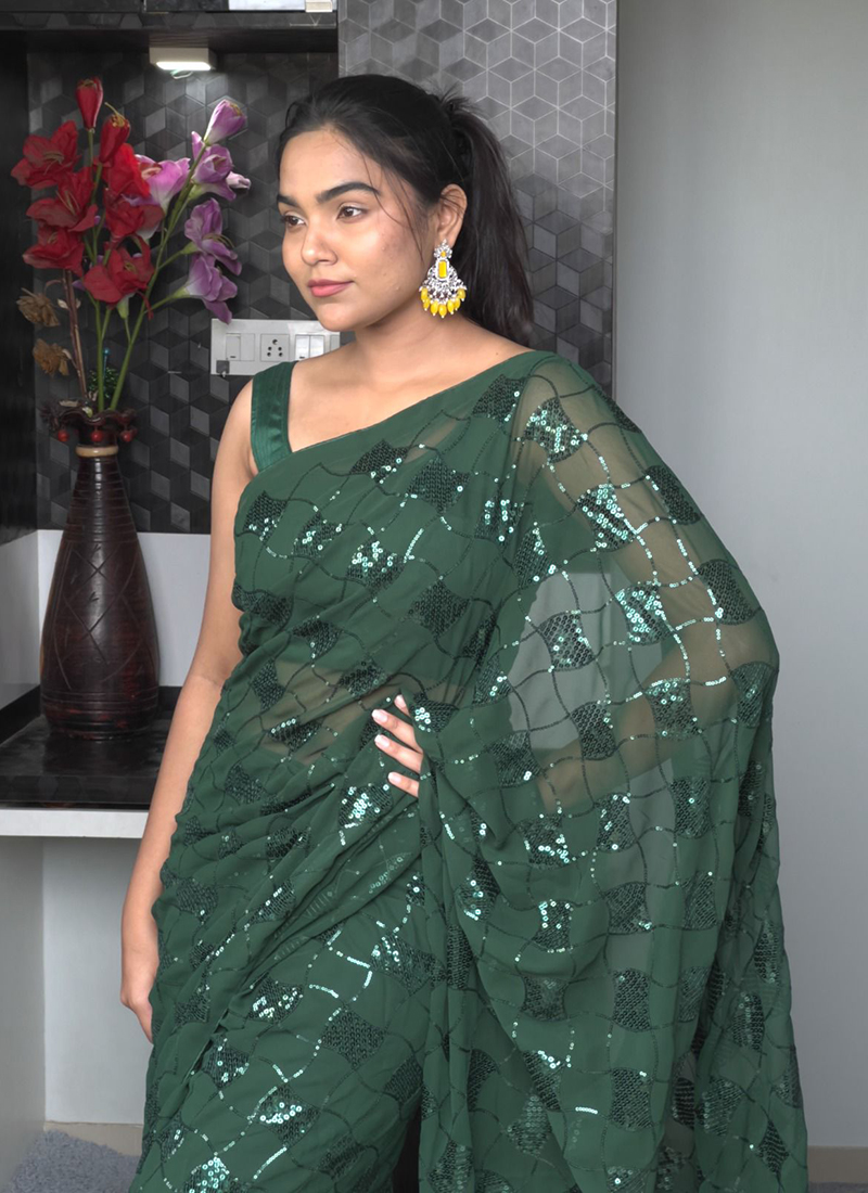 Bottle Green Sequins Georgette Saree