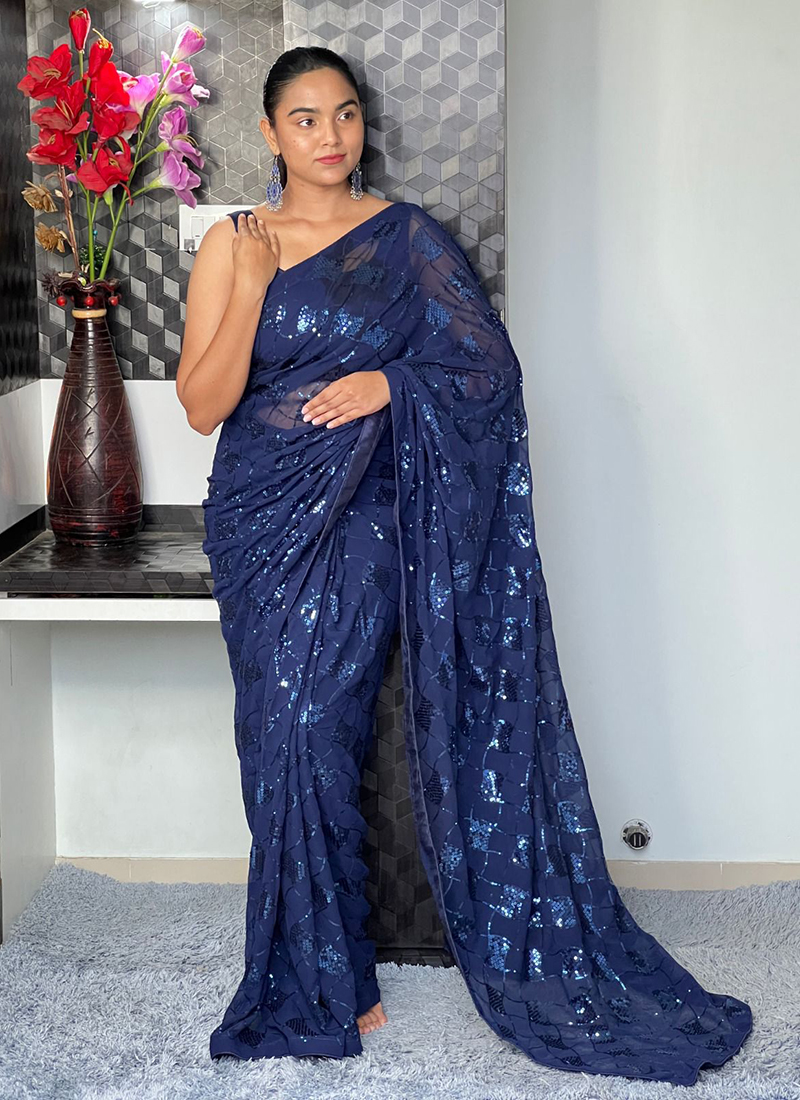 Navy Blue Party Wear Laycra Saree - Yash Enterprise - 3931634