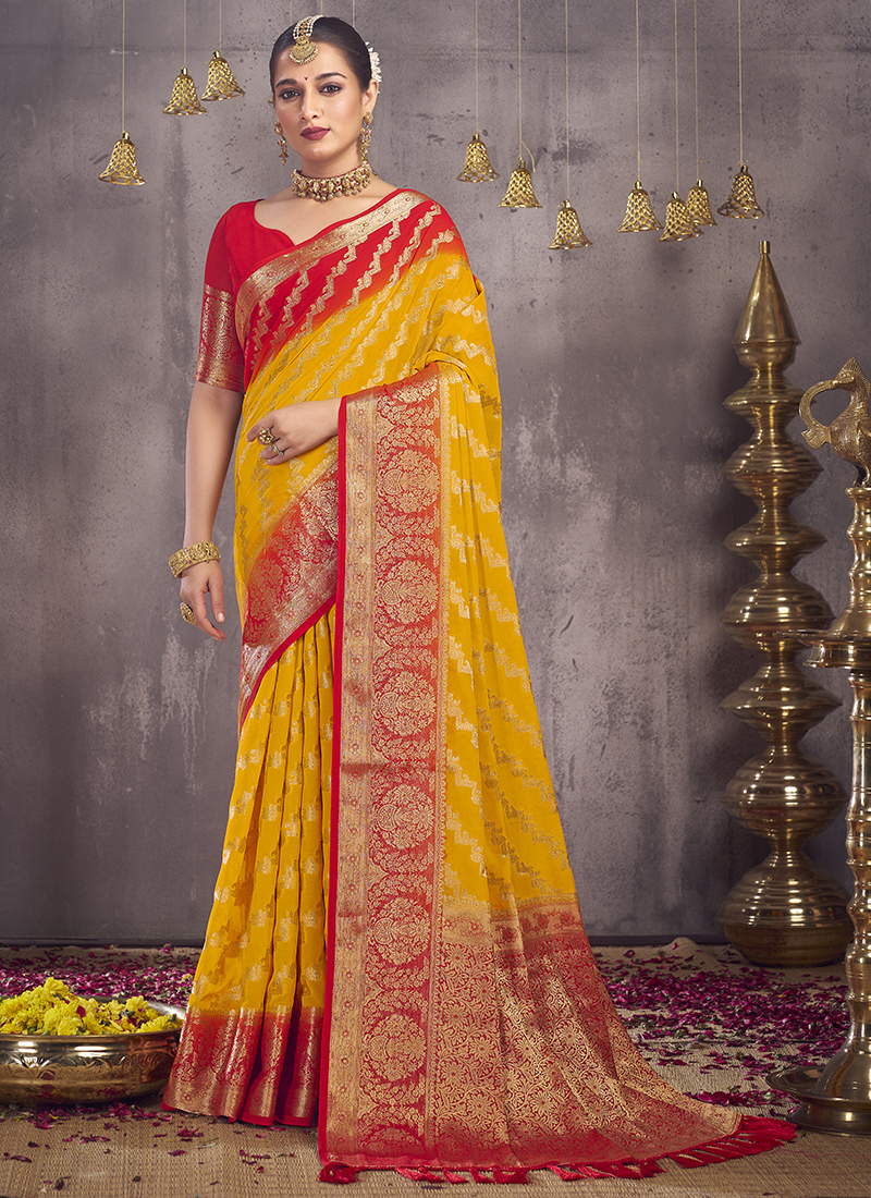 Orange yellow handloom & hand dyed leheriya saree with gold sequin bor