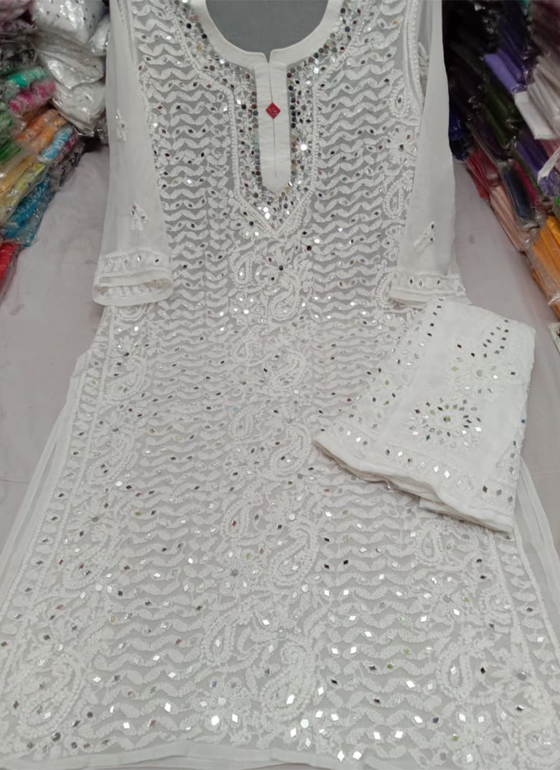 Women Cotton Lucknowi Mirror Work Embroidered Kurti White S in Barnala at  best price by Adab Chikan Handicraft - Justdial