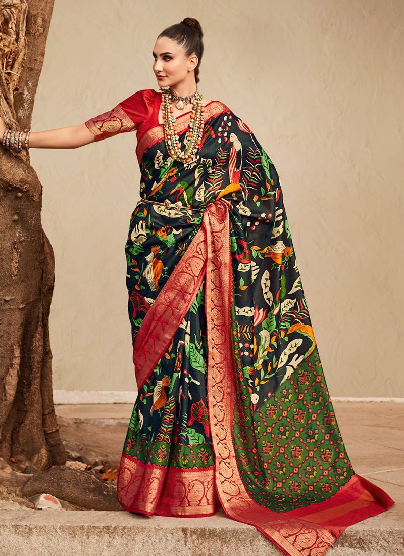 Printed Bottle Green Saree in Silk for Party