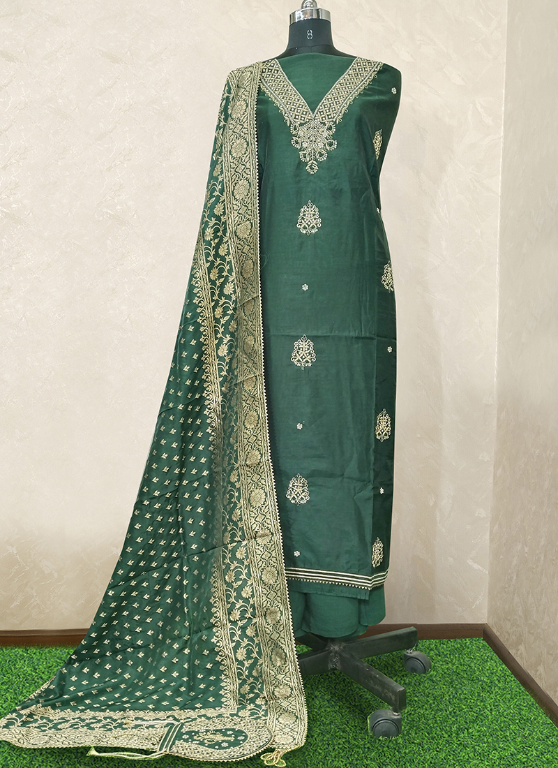 chanderi silk dress material price Hunter green chanderi silk party wear dress material