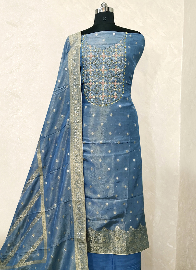 Buy Blue Silk Hand Work Party Wear Dress Material Online From Surat  Wholesale Shop.