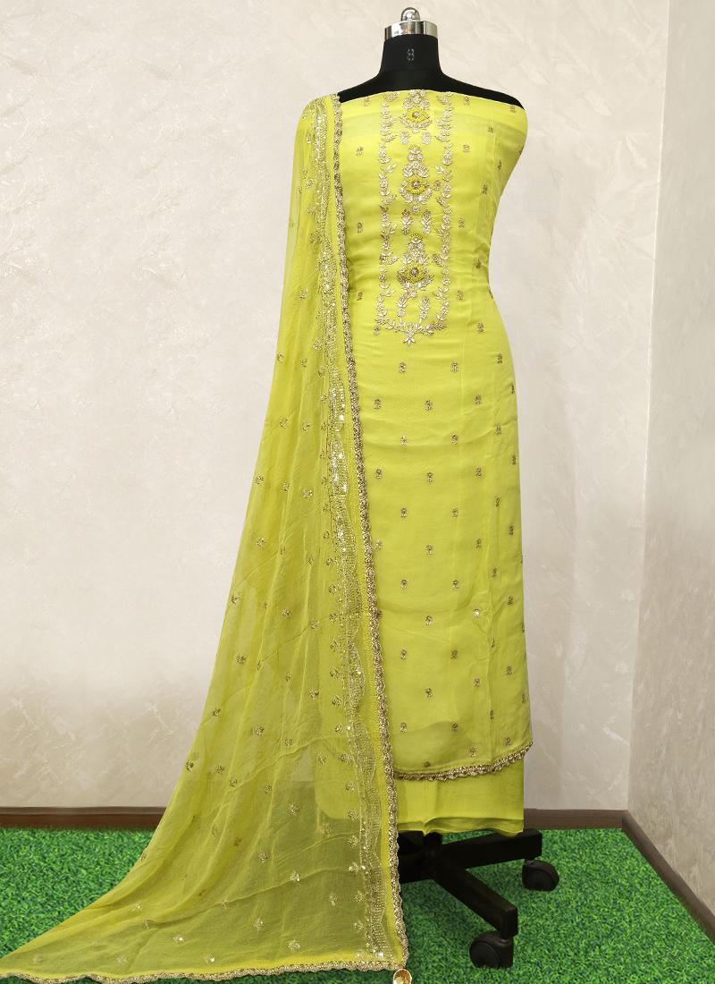 Buy Party Wear Lime Green Hand Work Organza Dress Material Online From  Surat Wholesale Shop.
