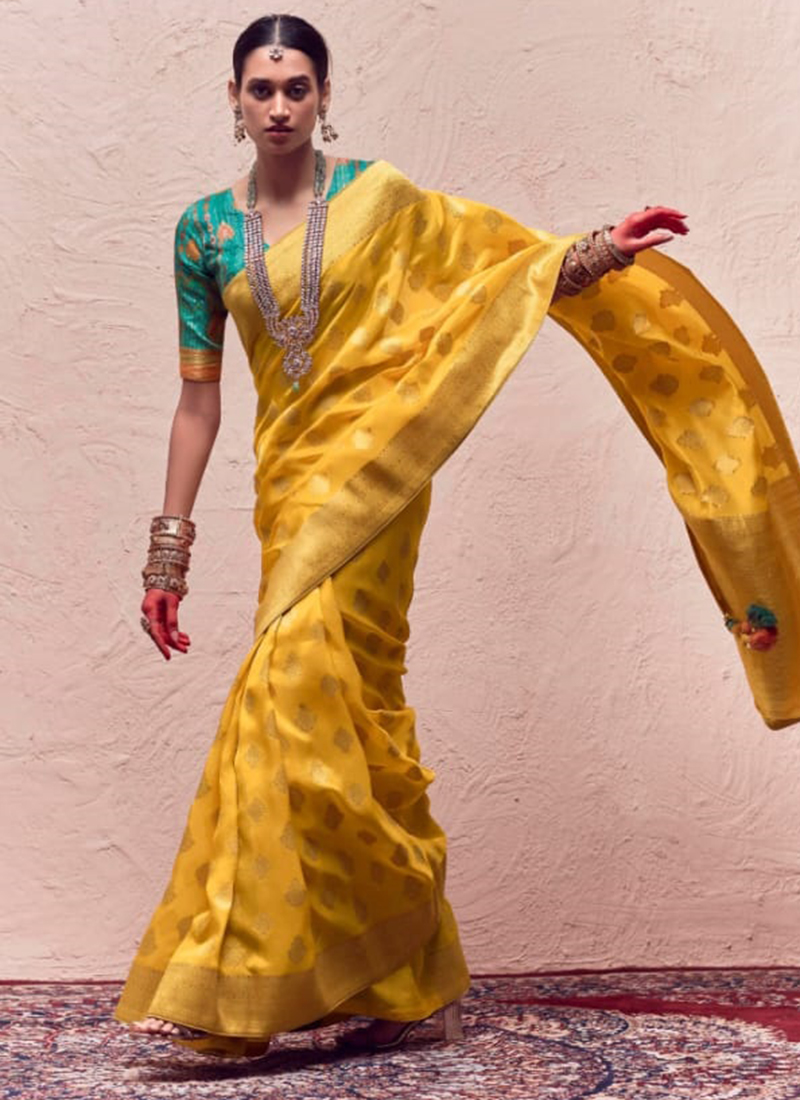 Buy Yellow Zari Woven Silk Saree With Blouse Online At Zeel Clothing