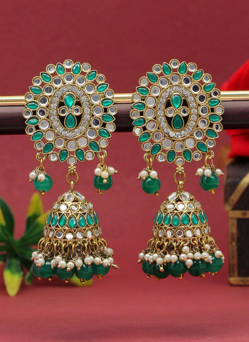 Buy Parrot Green Stone Oxidised Silver Small Jhumka Earrings Online – The  Jewelbox