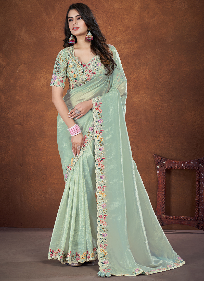 Ready To Wear Meesho Green Saree Lycra Saree Dress Sea Green Heavy Designer  Sequence Silk Wedding/