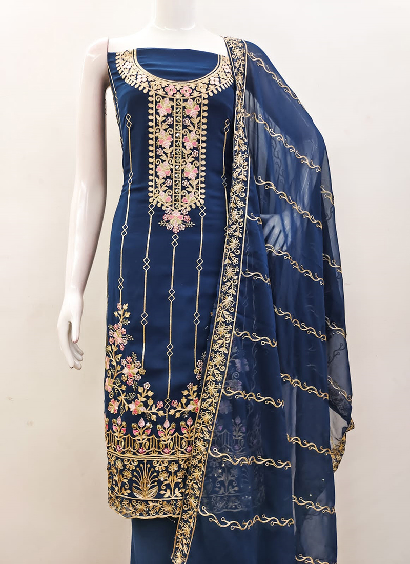 Buy Blue Georgette Embroidery Work Traditional Wear Dress Material ...