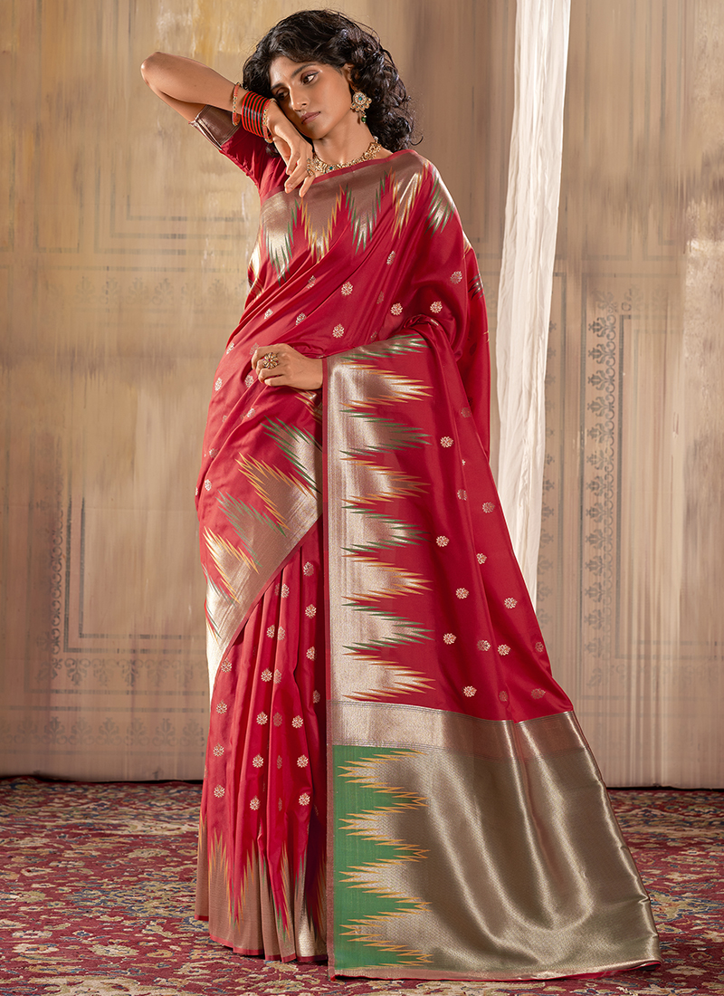 Currant Red Banarasi Woven Silk Traditional Saree