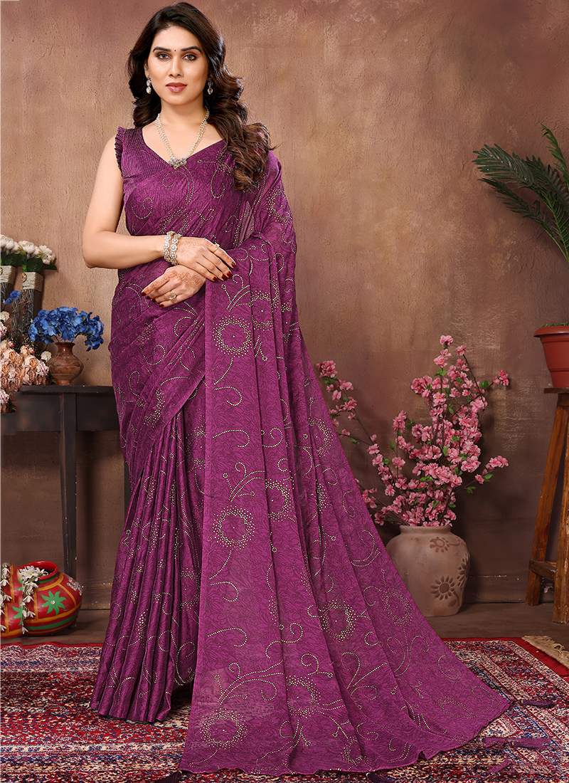 Women Party Wear Diamond worked  Rangoli Silk(Satin) Saree with Un Stitched Blouse