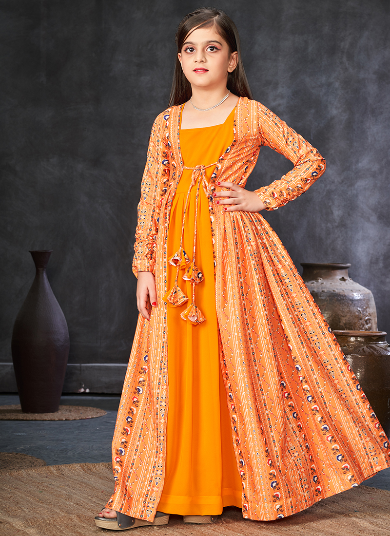Buy Bright Orange Faux Georgette Digital Printed Party Wear Kids Gown With  Shrug Online From Surat Wholesale Shop.