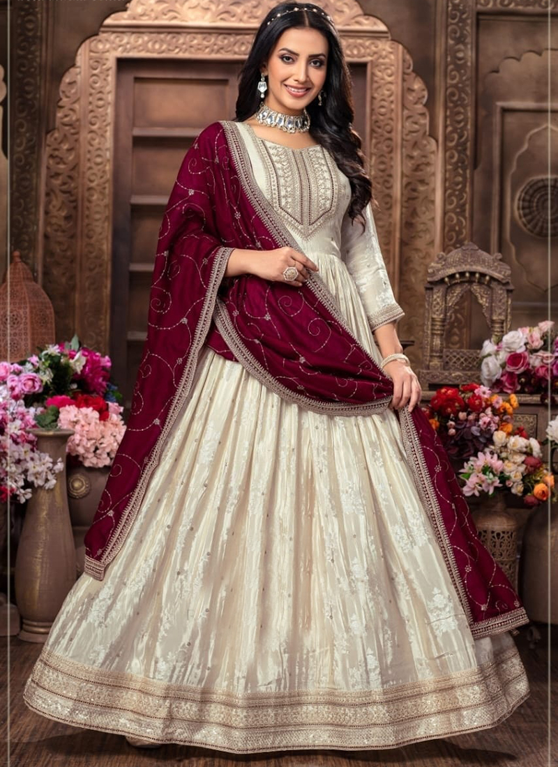 Buy Cream Silk Zari Work Wedding Wear Readymade Anarkali Suit Online From  Surat Wholesale Shop.