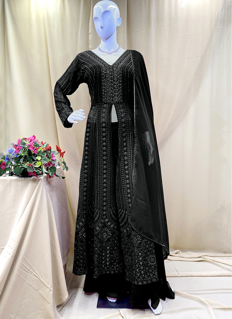 strapless open back dress Tempting Black Embroidered Designer Indo Western Dress