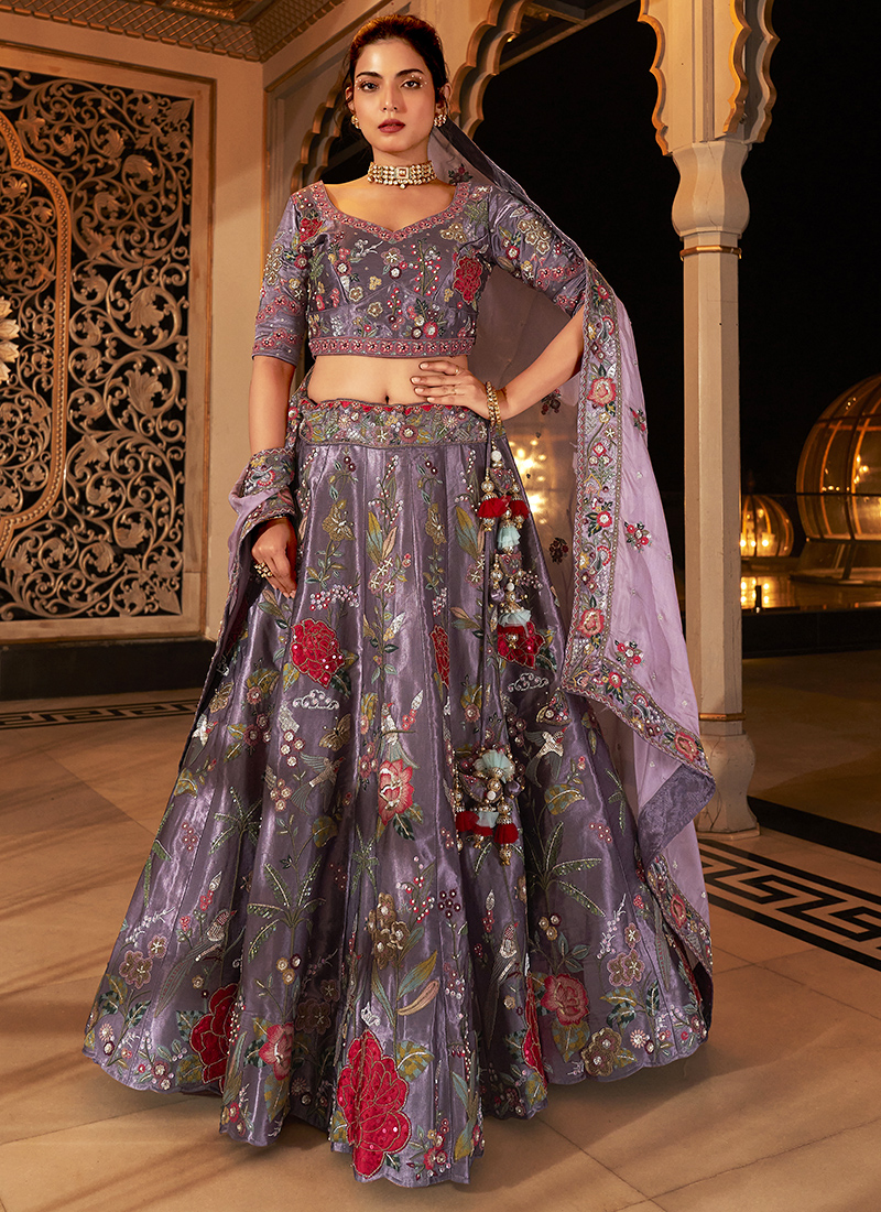 Buy Grey Pure Viscose Zardosi Work Bridal Wear Lehenga Choli Online From