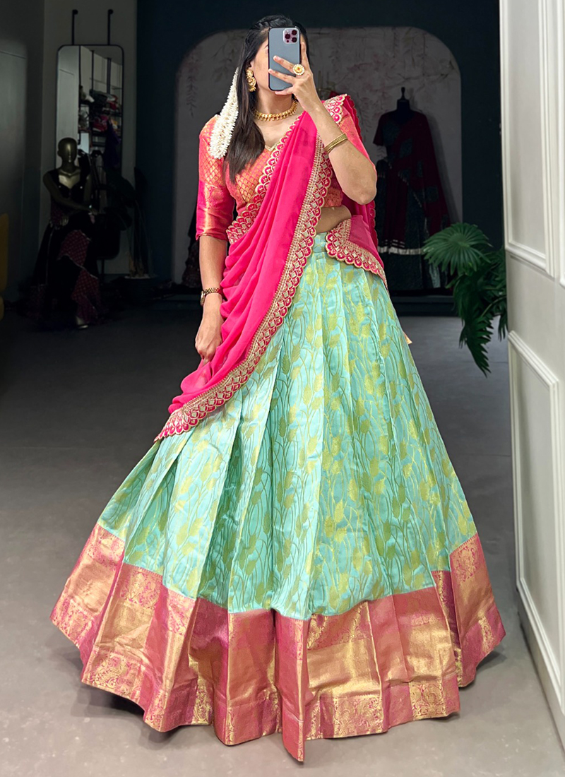 Buy Sky Blue Jacquard Silk Zari Work Traditional Wear Ready To Wear Lehenga  Choli Online From Surat Wholesale Shop.