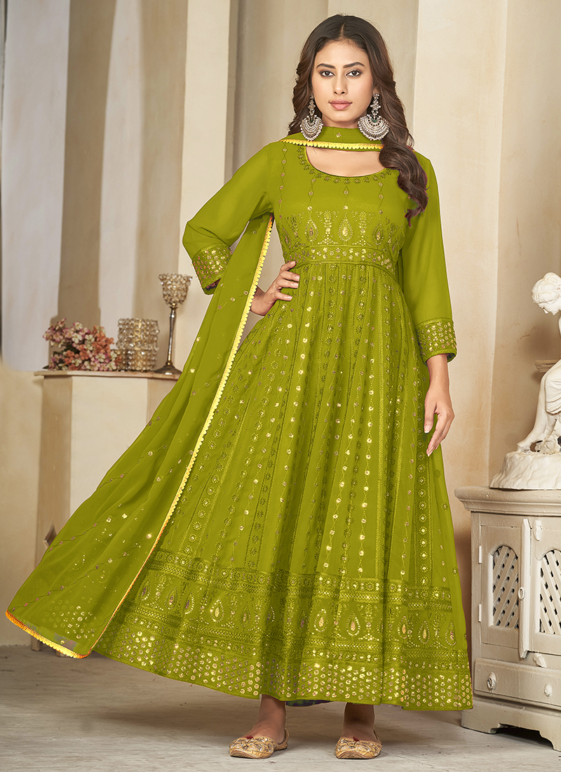 Buy Parrot Green Georgette Embroidery Work Traditional Wear Anarkali Suit  Online From Surat Wholesale Shop.