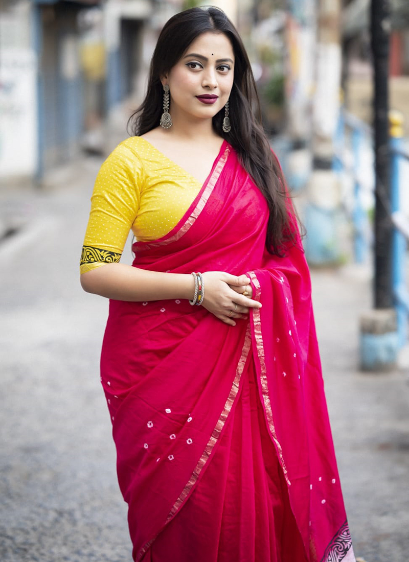 Buy Rani Pink Soft Pure Chanderi Bandhani Print Traditional Wear Saree ...