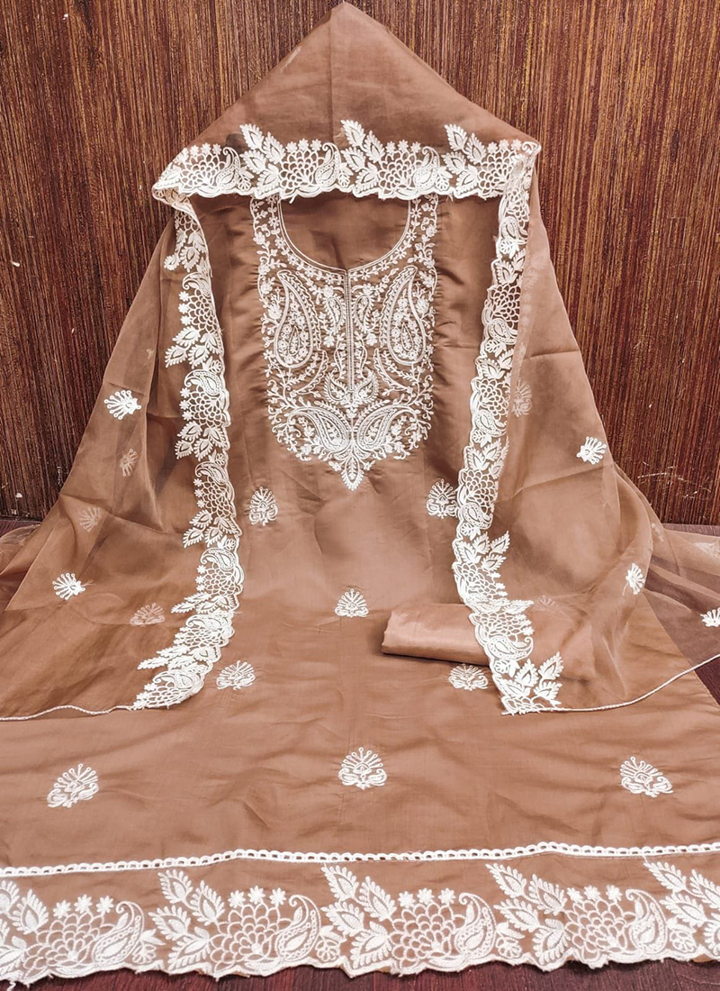 Buy Peach Pv Chanderi Cotton Thread Work Traditional Wear Dress Material  Online From Surat Wholesale Shop.