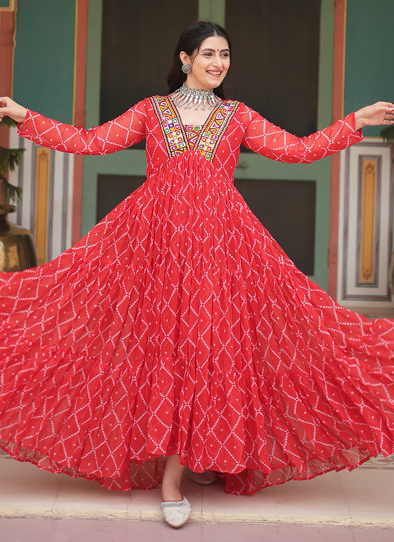 knee length dresses for ladies Bandhani Print Rayon Gown with Embroidery and Gota Work main image 1