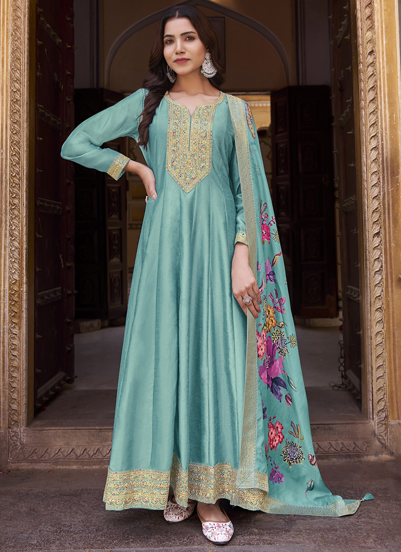 Buy Sky Blue Dola Silk Sequins Work Wedding Wear Anarkali Suit Online From  Surat Wholesale Shop
