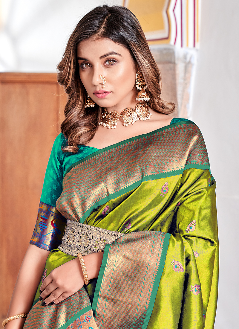 Buy Parrot Green Paithani Silk Weaving Festival Wear Saree Online From  Surat Wholesale Shop.