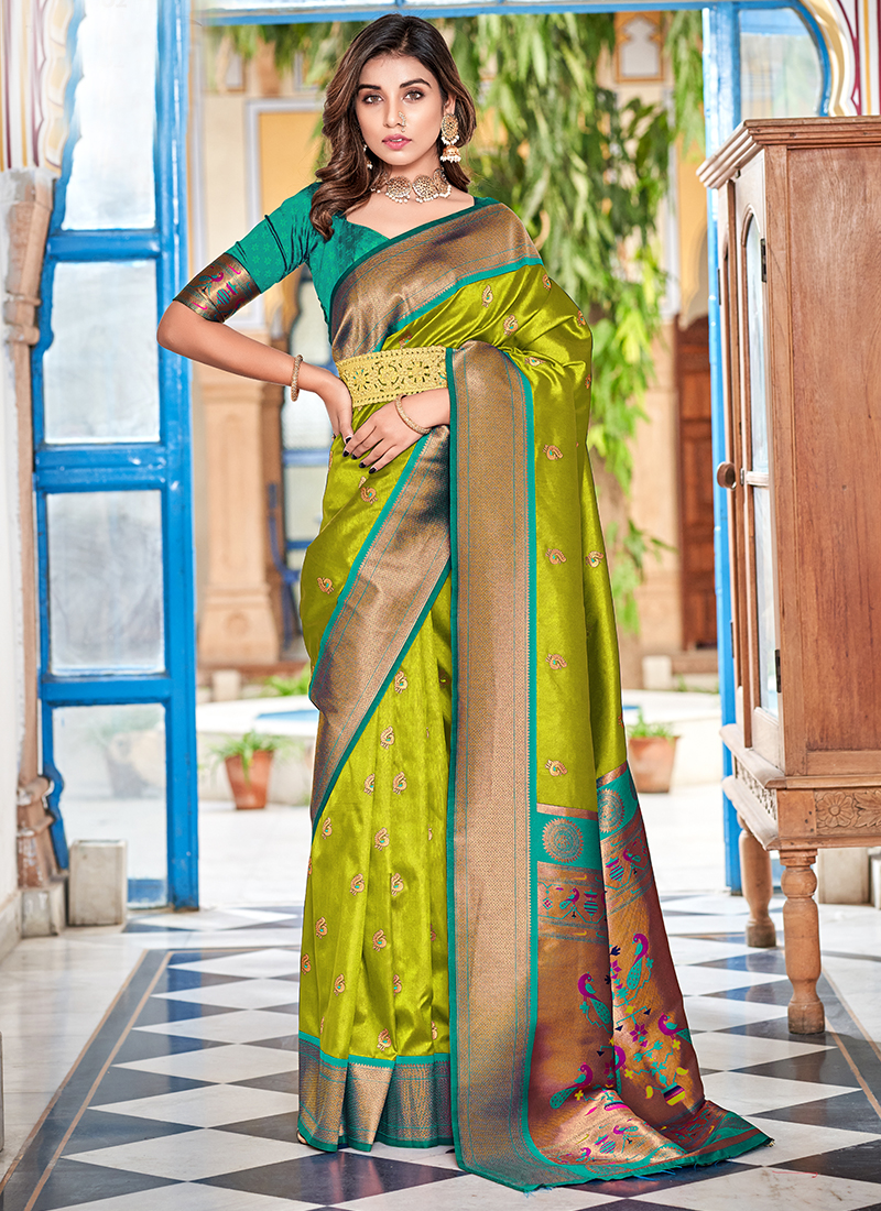 Buy Parrot Green Paithani Silk Weaving Festival Wear Saree Online From  Surat Wholesale Shop.