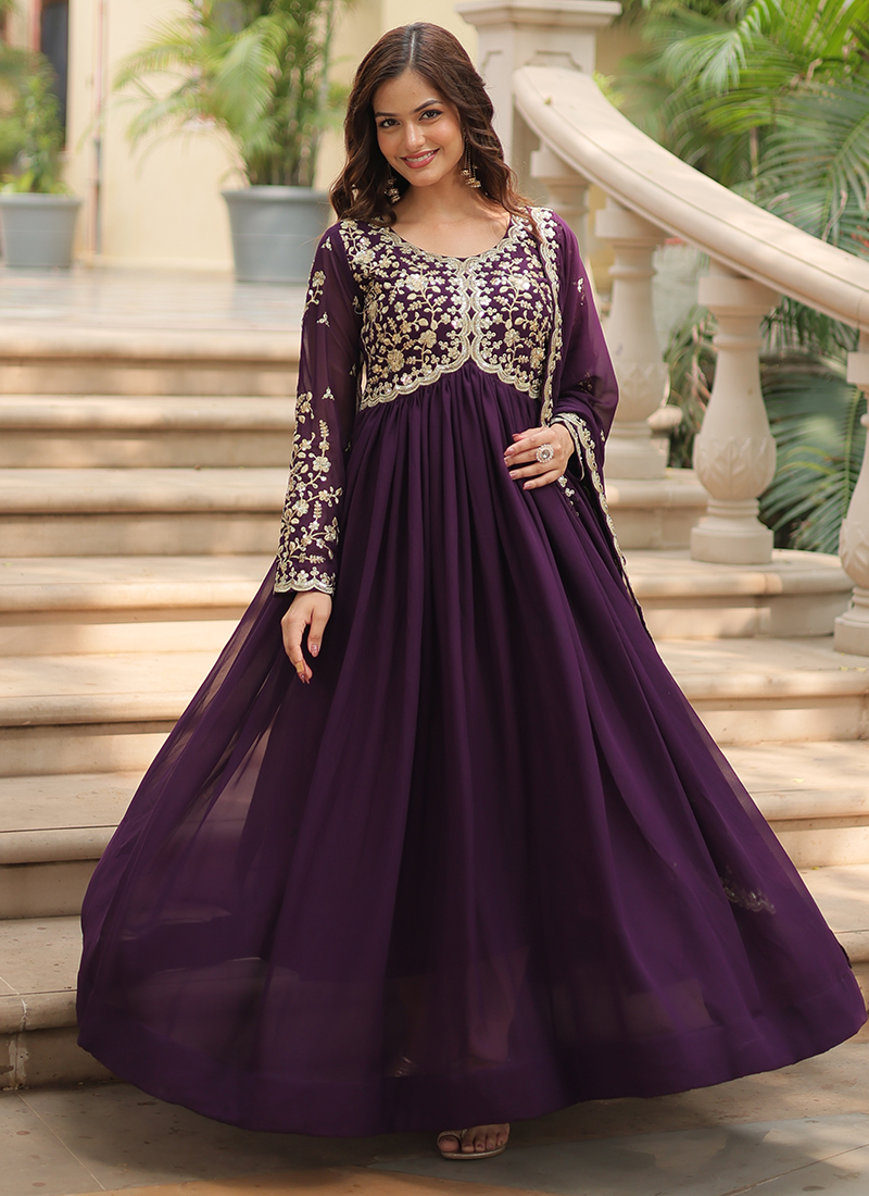 georgette party dress Buy Wine Georgette Embroidery Work Party Wear Readymade Gown With Dupatta  Online From Surat Wholesale Shop