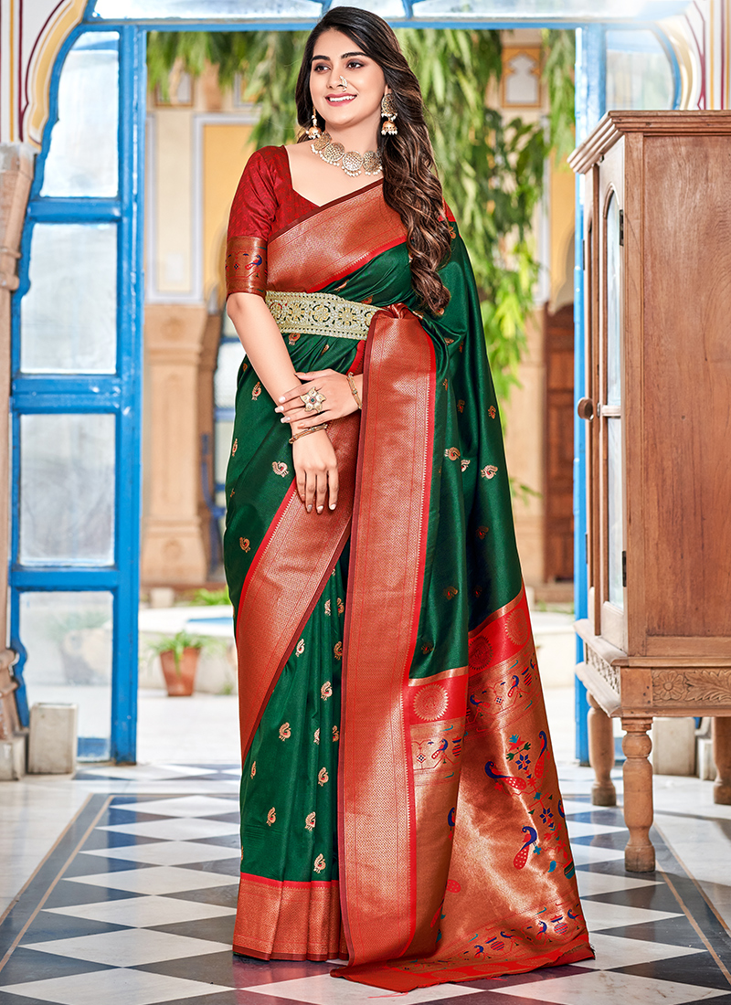 green paithani dress Green color paithani silk unstitched dress