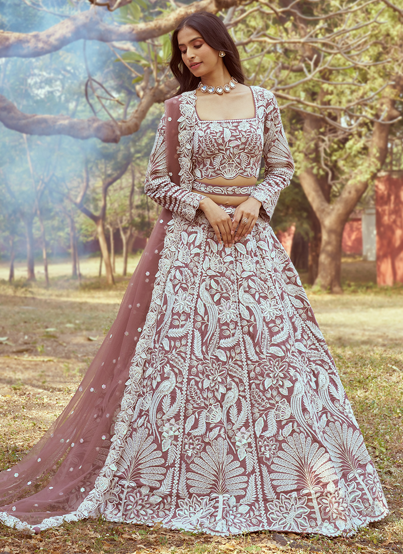 Buy Rose Gold Sattin Stone Beads Work Wedding Wear Lehenga Choli Online  From Surat Wholesale Shop.