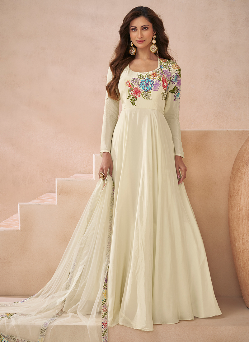 white dress with golden work Ivory Gold Bead Embroidered Floral Dress - Midi Dresses main image 0