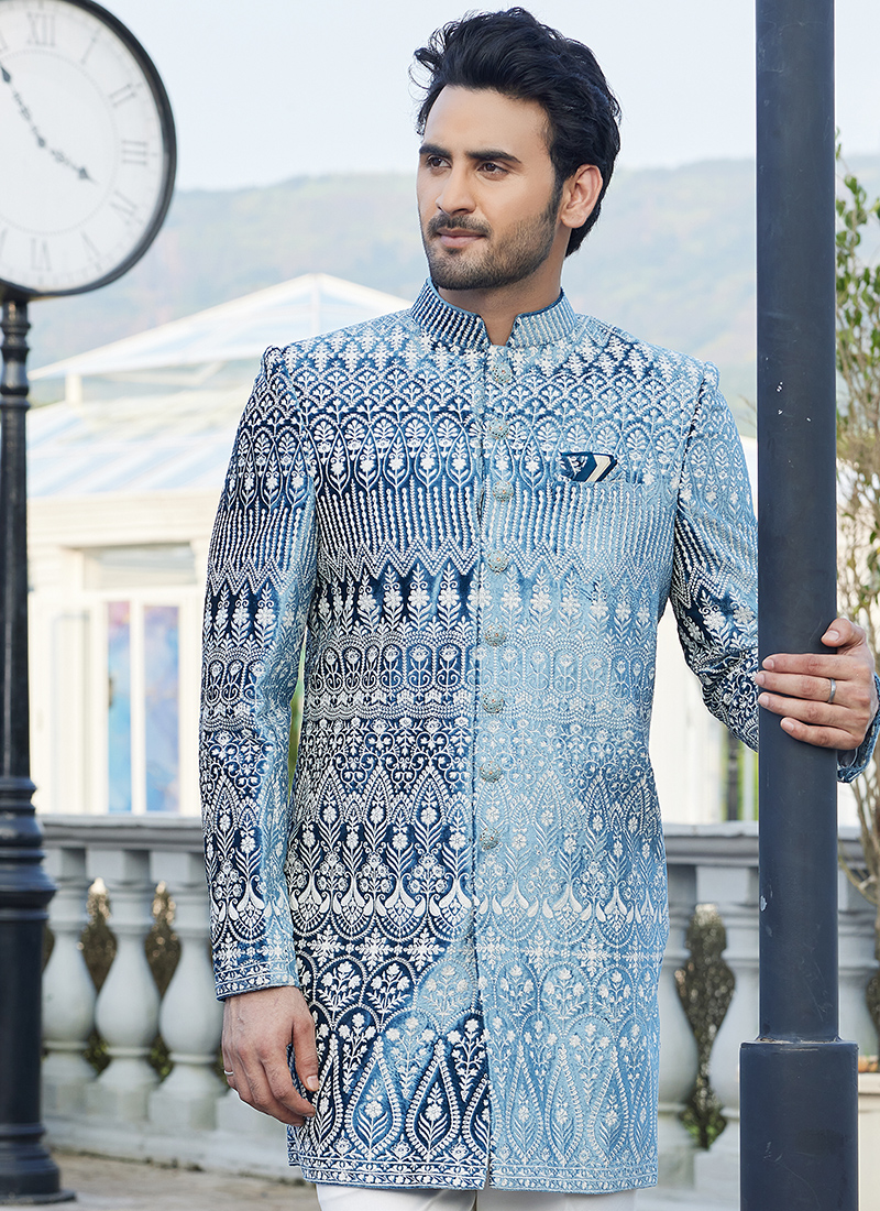Buy Teal Blue Velvet Thread Work Wedding Wear Readymade Jodhpuri Suit ...