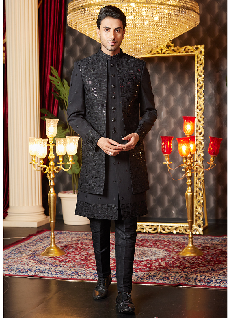 slim fit dress slacks Mustard and Black Hand embroidered indo western jacket set with draped