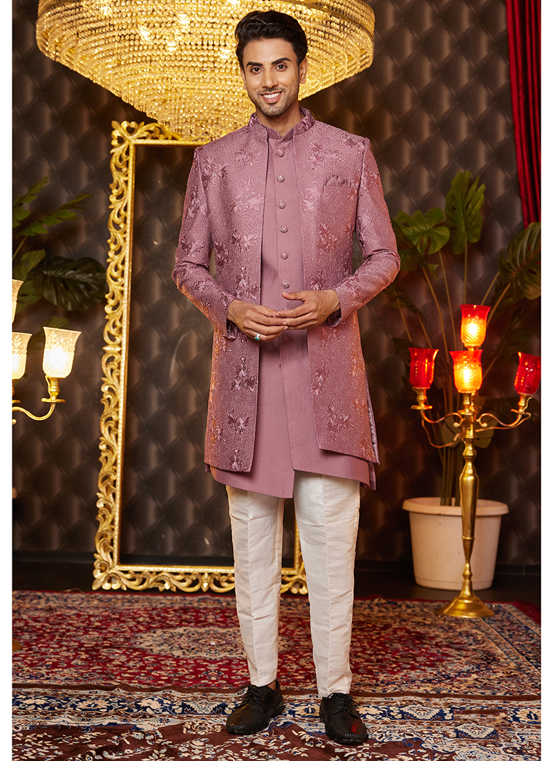 Matching Pink Engagement Dress For Couple Men's Pink Embroidered Indo  Western Sherwani Panash India