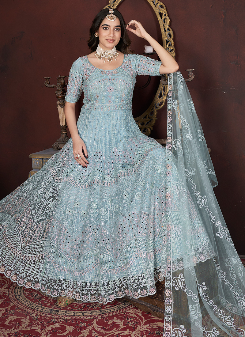 Buy Sky Blue Net Embroidery Work Ceremonial Wear Readymade Gown With Dupatta Online From Surat Wholesale Shop. Buy Sky Blue Net Embroidery Work Ceremonial Wear Readymade Gown With Dupatta Online From Surat Wholesale Shop.