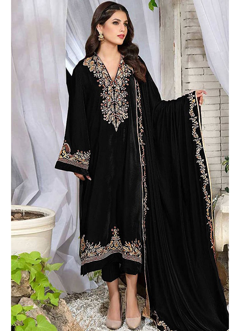 Buy Black Pure Viscose Velvet Embroidery Work Eid Wear Pakistani Suit  Online From Surat Wholesale Shop.