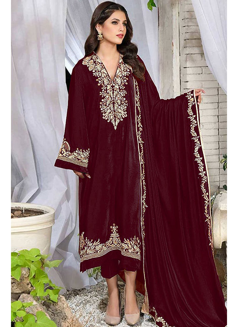 Buy Maroon Pure Viscose Velvet Embroidery Work Eid Wear Pakistani Suit  Online From Surat Wholesale Shop.