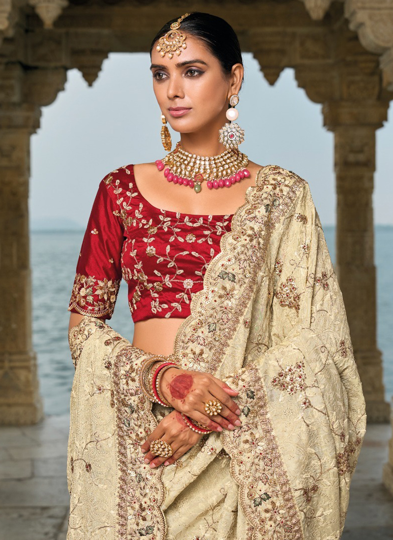 Buy Cream Pure Silk Thread Work Wedding Wear Saree Online From Surat ...