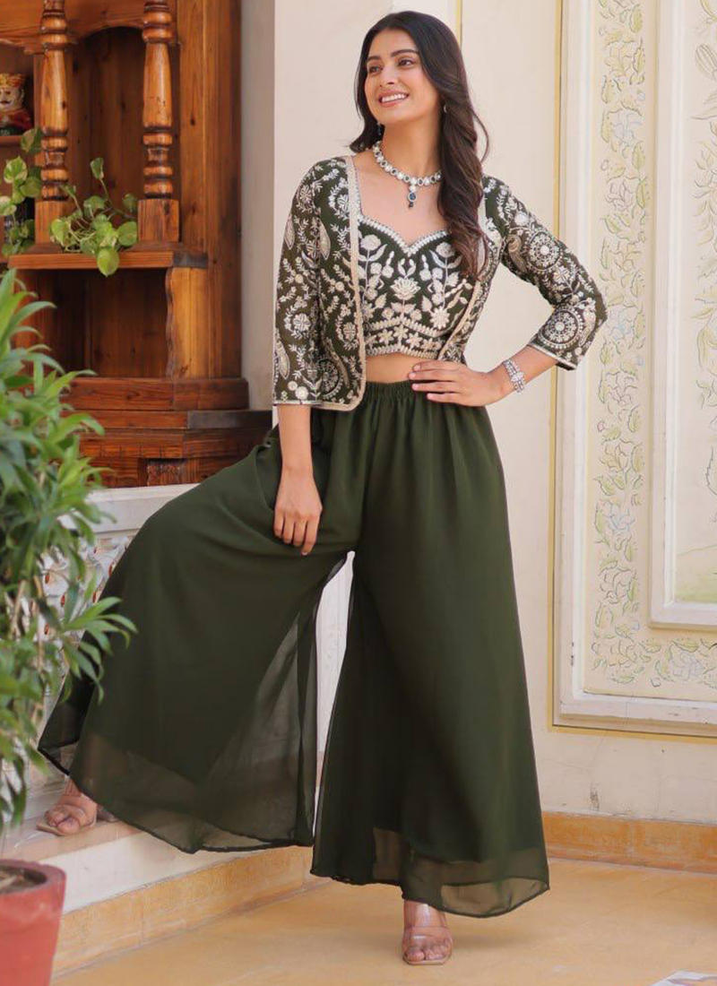 Buy Mehendi Faux Georgette Embroidery Work Party Wear Readymade Indo Western  Online From Surat Wholesale Shop.