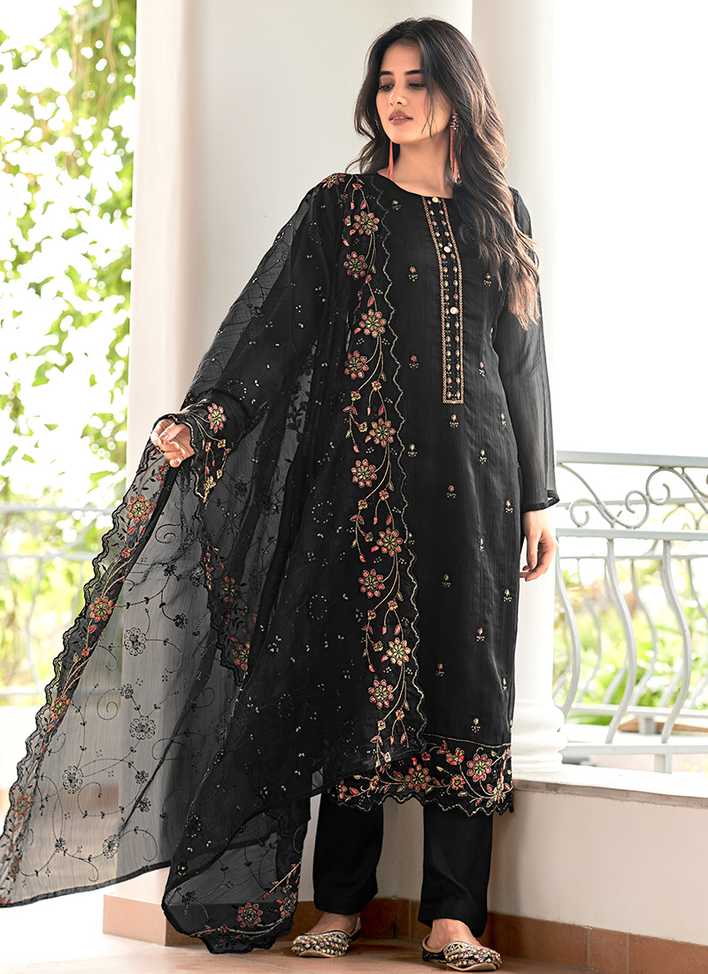 open lace back dress Black Floral Embroidered Organza Pakistani Suit