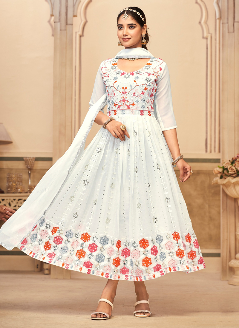 Buy White Georgette Embroidery Work Festival Wear Readymade Anarkali Suit  Online From Surat Wholesale Shop.