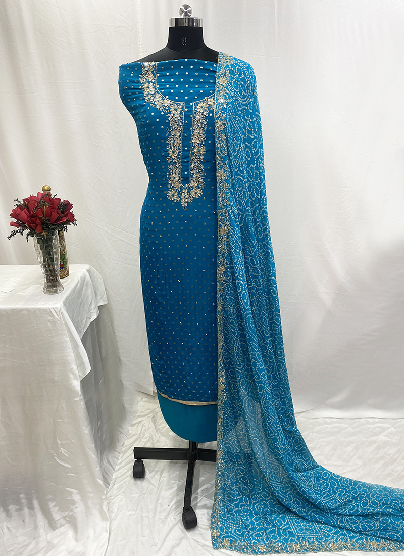 bandhani silk dress material online shopping Modal Ghazi Silk Barik Bandhej Work Authentic Gujarati Bandhani Dress Material (Unstitched) Lavender