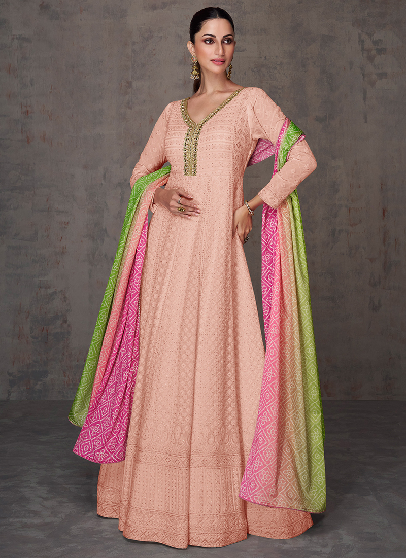 Peach anarkali flared dress with embroidered organza dupatta - set of two  by The Anarkali Shop | The Secret Label