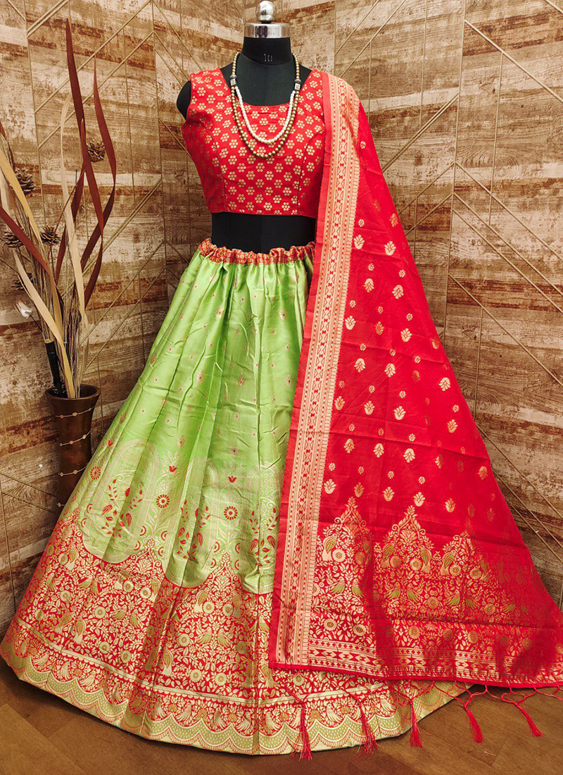 Red And Green Dhupion Silk Bridal Lehenga Choli -